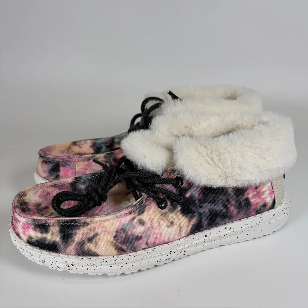 Hey Dude Britt Youth Y3 - L4 EU 35 Navy Pink Tie‎ Dye Boho Boot Faux Fur